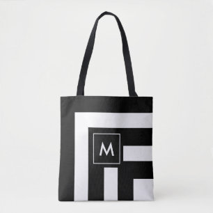 Monogram op zwarte en witte gestreepte boodschappe draagtas
