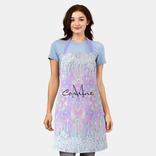 Monogram Opal Dripping Iridescent Ice Glitter Naam Schort (Gedragen)
