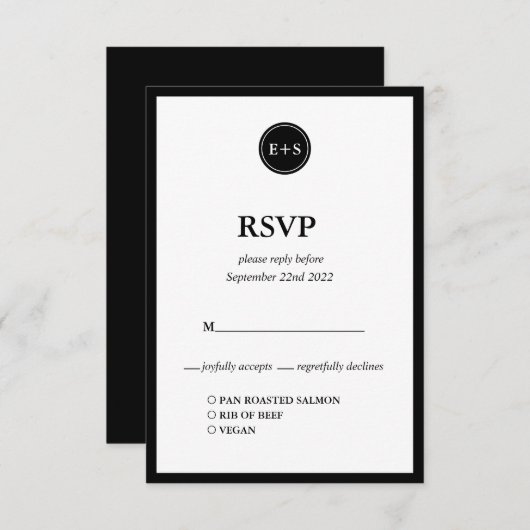 Monogram | Opties voor zwarte en witte bruiloft RSVP Kaartje (Voorkant / Achterkant)
