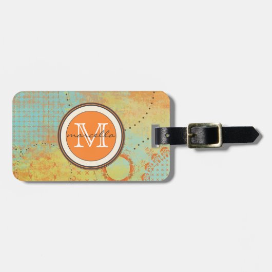 Monogram Oranje Blauwgroen schilderCollage Bagagelabel (Voorkant horizontaal)