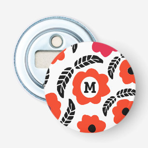 Monogram Oranje en rood Floral Button Flesopener