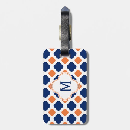 Monogram Oranje en Royal Blue Quatrefoil Bagagelabel (Achterkant verticaal)