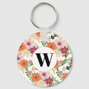 Monogram Oranje Floral Waterverf Sleutelhanger