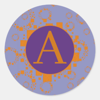 Monogram Oranje Paarse Initiaal Vierkanten Cirkels Ronde Sticker