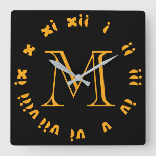 Monogram Oranje vet Romeinse cijfers op zwart accc Vierkante Klok