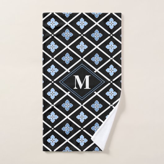 Monogram Oriental Blue Sakura Pattern Bad Handdoek (Handdoek)