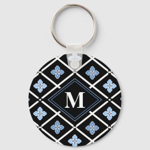 Monogram Oriental Blue Sakura Pattern Sleutelhanger