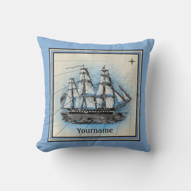 Monogram Oud schip  Blauw Nautical Compass Kussen (Voorkant)
