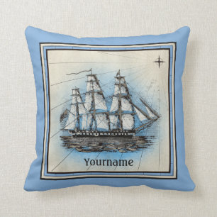 Monogram Oud schip  Blauw Nautical Compass Kussen