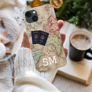 Monogram Oude Antieke Kaart & Paspoort Vakantie iPhone 13 Hoesje