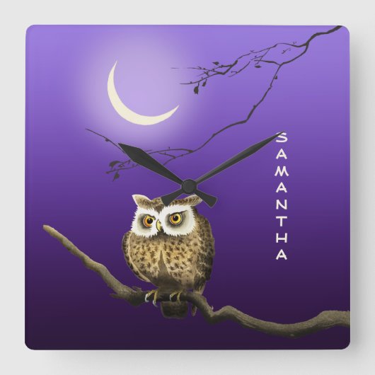 Monogram Owl Night Moon Blue Square Wall klok (Voorkant)
