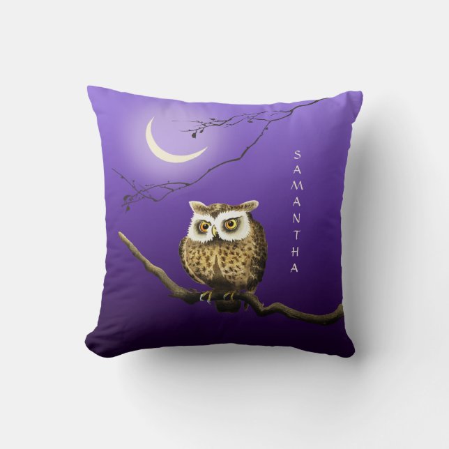 Monogram Owl Night Moon Dark Blue Sierkussen (Voorkant)