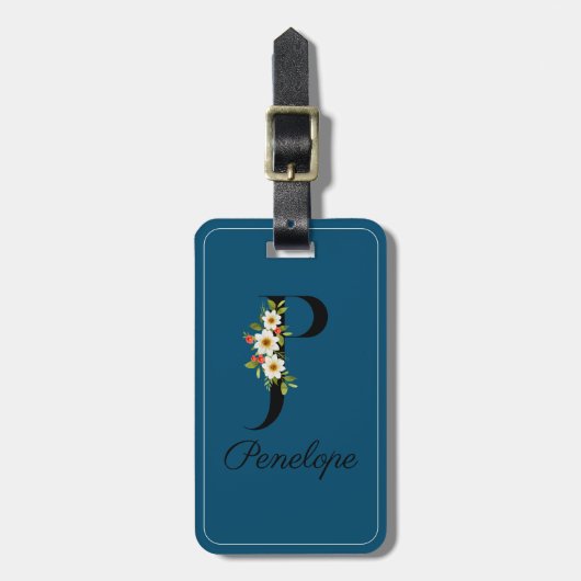 Monogram P kobalt waterverf bloem Bagagelabel (Voorkant verticaal)
