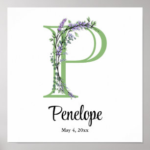 Monogram P Lavendel Eucalyptus kinderkamer poster