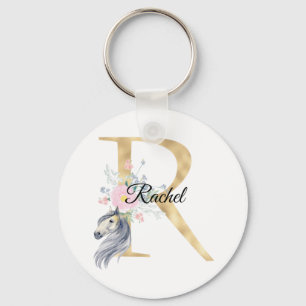 Monogram paard schattig bloemig meisjesachtig paar sleutelhanger