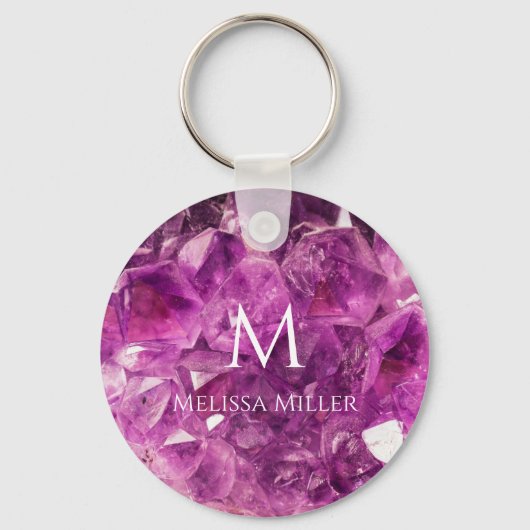Monogram Paars Amethyst Crystal Custom Name Gem Sleutelhanger (Voorkant)