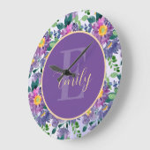 Monogram  Paars Blauwe Florals Grote Klok (Hoek)