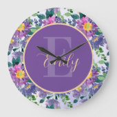 Monogram  Paars Blauwe Florals Grote Klok (Voorkant)