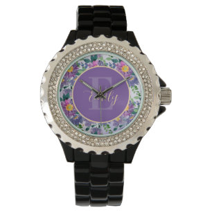 Monogram  Paars Blauwe Florals Horloge