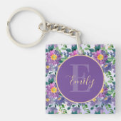 Monogram  Paars Blauwe Florals Sleutelhanger (Voorkant)