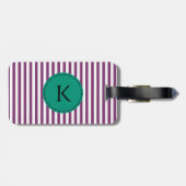 Monogram Paars en Emerald Green Stripes Pattern Bagagelabel (Achterkant horizontaal)