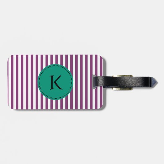 Monogram Paars en Emerald Green Stripes Pattern Bagagelabel (Achterkant horizontaal)