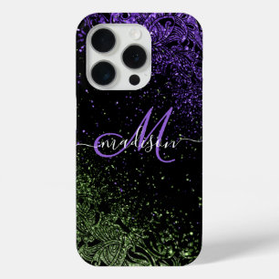 Monogram Paars en Groen Glitter iPhone 15 Pro Case