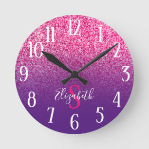 Monogram Paars en Roze Glitter Ombre Ronde Klok