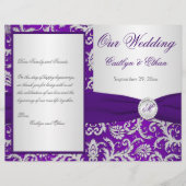 Monogram Paars en Silver Damask Wedding Program (Voorkant)