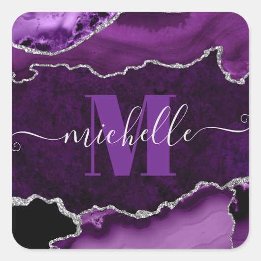 Monogram Paars en zilver Glitter Marble Agate Vierkante Sticker (Voorkant)