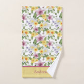 Monogram Paars Geel Wit Groen Bloemendesign Chic Bad Handdoek (Handdoek)