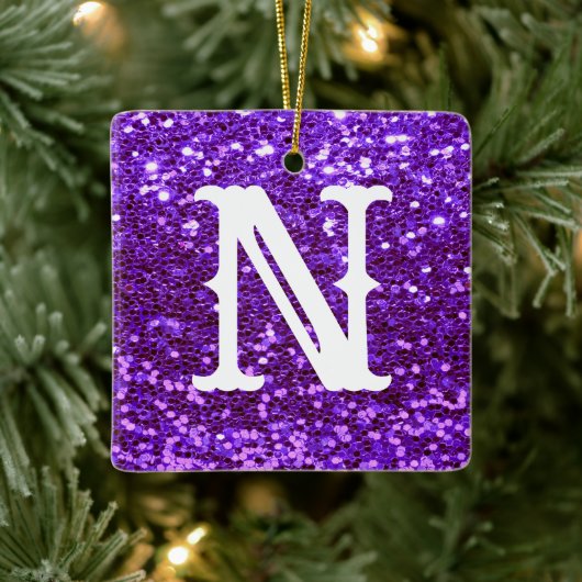 Monogram Paars Glitter Metallic Kerstmis Keramisch Ornament (Boom)