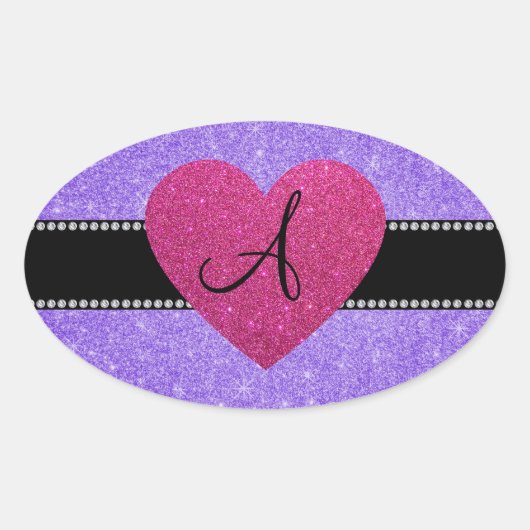 Monogram paars glitter roze hart ovale sticker (Voorkant)