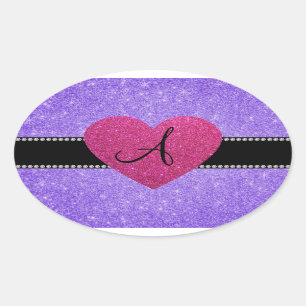 Monogram paars glitter roze hart ovale sticker