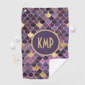 Monogram Paars Gold Mermaid Scales Trendy Golfhanddoek (Insitu)
