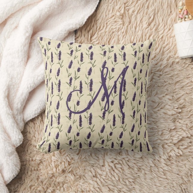 Monogram Paars Lavendel Beige Bloemmotief Botanisc Kussen (Deken)