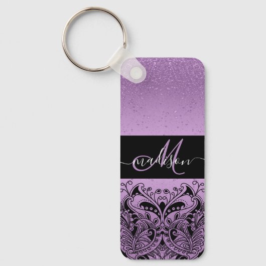 Monogram Paars Lavender Glitter Sleutelhanger (Voorkant)