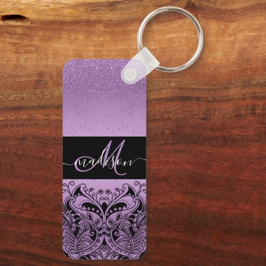 Monogram Paars Lavender Glitter Sleutelhanger (Achterkant)