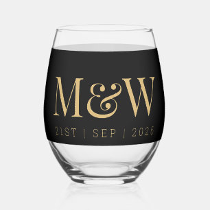 Monogram Paar's Modern Goud Zwart Bruiloft Wijnglas Zonder Voet