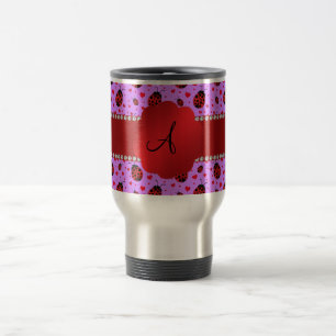 Monogram paars pastel ladybug harten patroon reisbeker