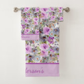 Monogram Paars Roze Blauw Aquarel Bloemig  Bad Handdoek (Insitu)