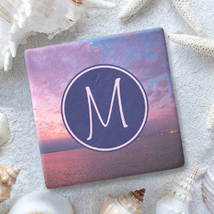 Monogram Paars Roze Blauw California Oceaan Zonson Stenen Onderzetter