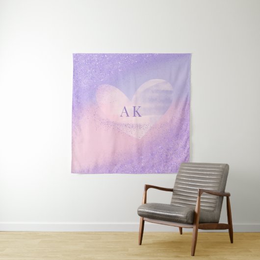 Monogram Paars Roze Gradiënt Hart  Wandkleed (In situ)