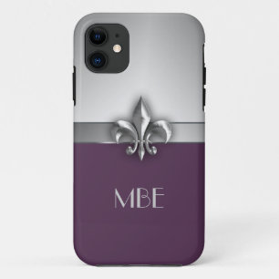 Monogram Paars Silver Faux Metal Fleur de Lis iPhone 11 Hoesje