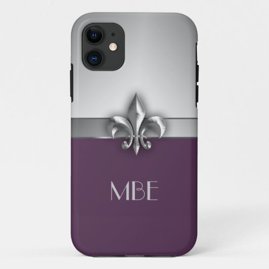 Monogram Paars Silver Faux Metal Fleur de Lis Case-Mate iPhone Case (Achterkant)