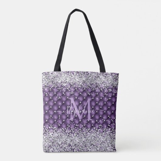 Monogram Paars Tufted Diamond Silver Glitter Glam Draagtas (Achterkant)