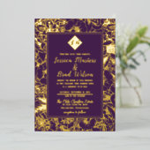 monogram | Paars van het Floral Wedding | Goud Folie Uitnodiging (Staand Voorkant)