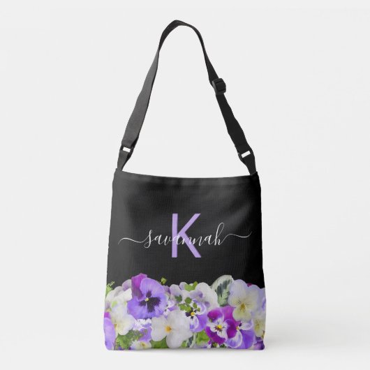 Monogram paars violet zwarte floraalschrift crossbody tas (Achterkant)