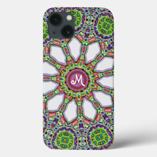  Monogram Paars White Daisy Flower Mosaic iPhone 13 Hoesje