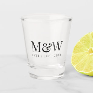 Monogram Paar's Zwart Modern Bruiloft Shot Glas